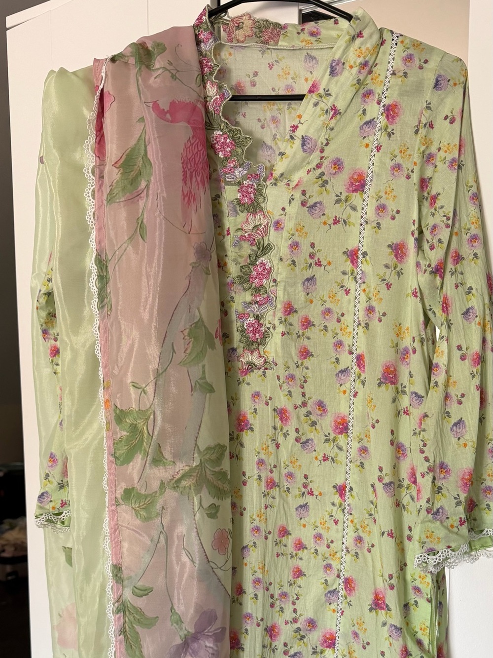 Floral Pastel Green shirt with Sheer Dupatta and white pants